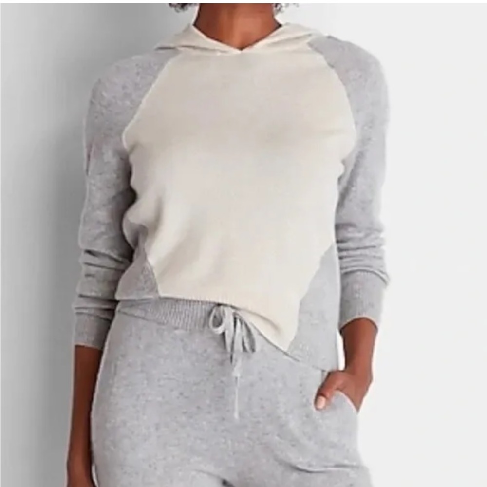 Express 100% Cashmere Color Block Hoodie Sweatshirt Knit Size Large Gray NWT